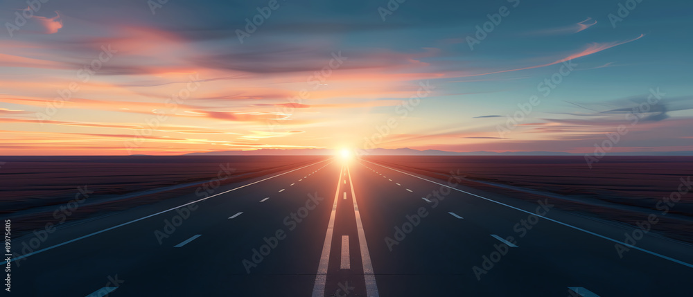 A highway at dawn with the first light of the sun peeking over the horizon A highway at dawn with the first light of the sun peeking over the horizon