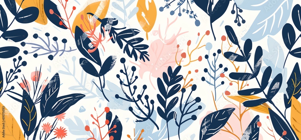 A colorful and detailed drawing of flowers and leaves. The image is vibrant and full of life, with a mix of blue, yellow, and pink colors