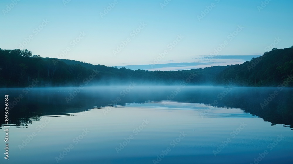 Fototapeta premium Early Morning Fog Over a Still Lake Surrounded by Trees