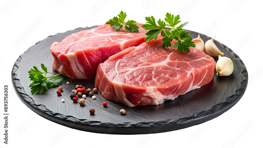 Raw Pork Pieces on Black Round Plate, Transparent Background Raw Pork Pieces on Black Round Plate, Transparent Background