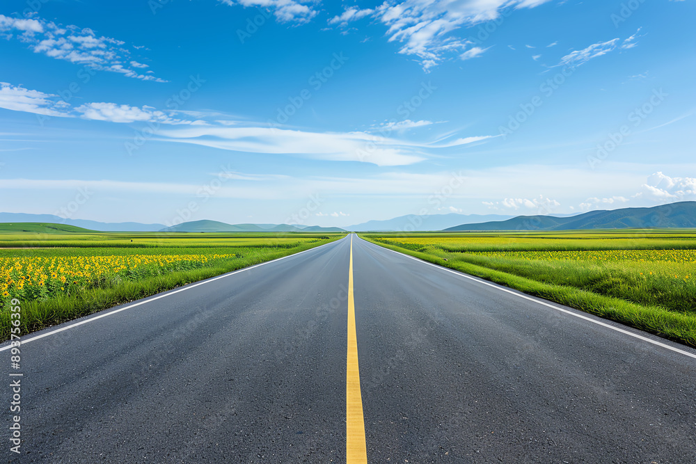 A highway running through a sunflower field under a bright summer sky A highway running through a sunflower field under a bright summer sky