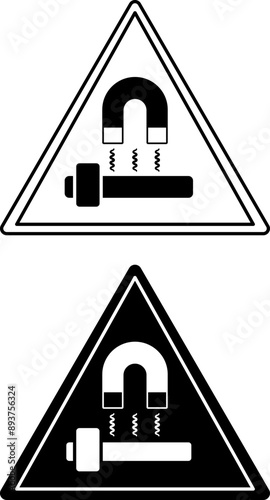 Signs Block Magnet. Black and White Vector Icons. Magnet Attracting Iron Axe. Danger Warning Sign
