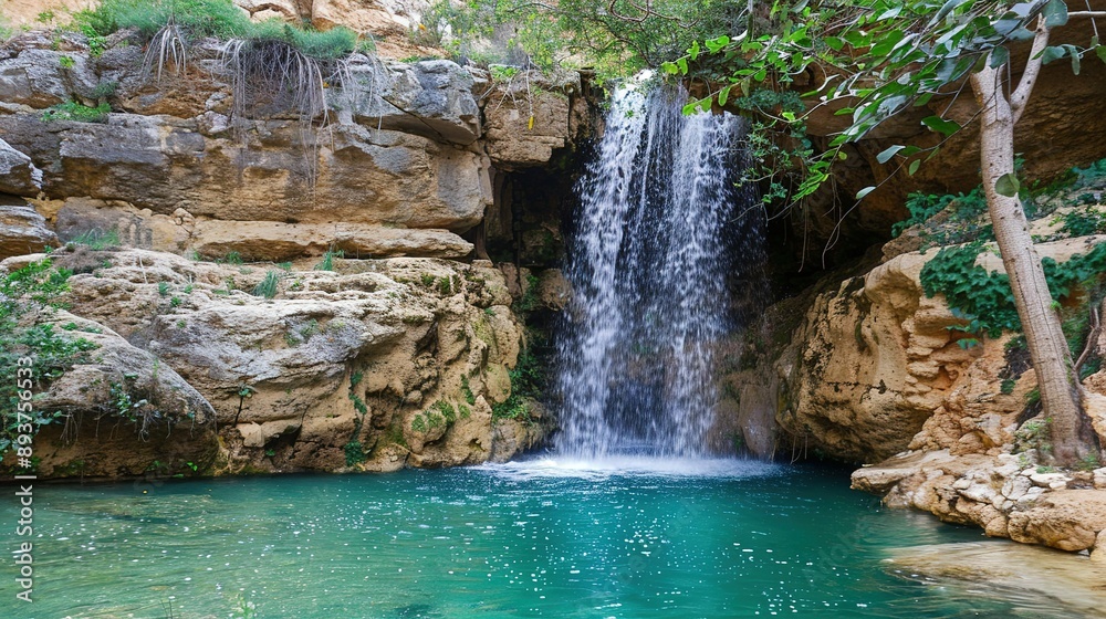 Naklejka premium Tranquil Waterfall Flowing Into a Serene Pool in a Lush, Green Canyon