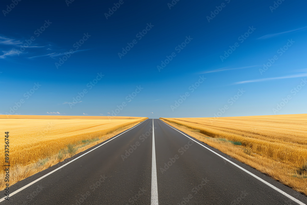 A tranquil rural highway surrounded by golden wheat fields under a clear blue sky A tranquil rural highway surrounded by golden wheat fields under a clear blue sky