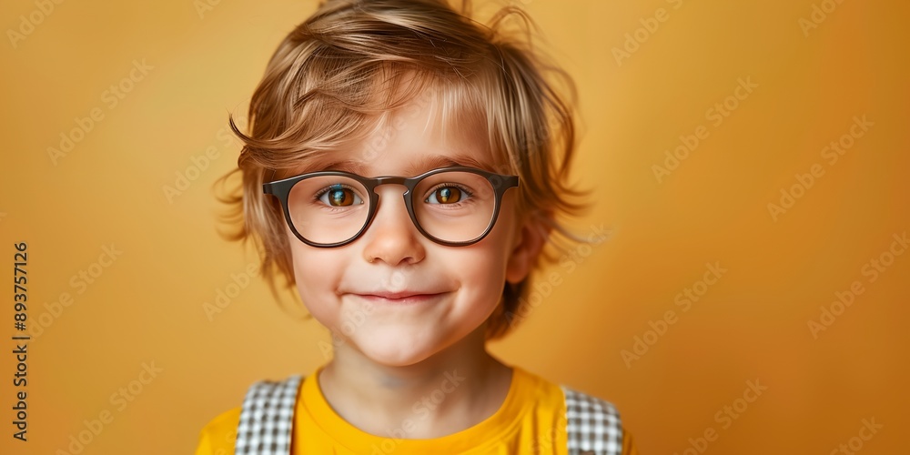 A young boy wearing glasses and a yellow shirt is smiling. Concept of innocence and happiness