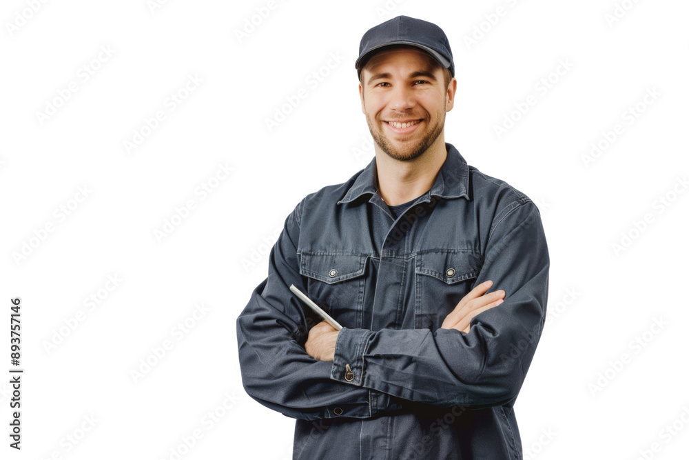 Professional technician with tablet PC standing confidently, white background Professional technician with tablet PC standing confidently, white background