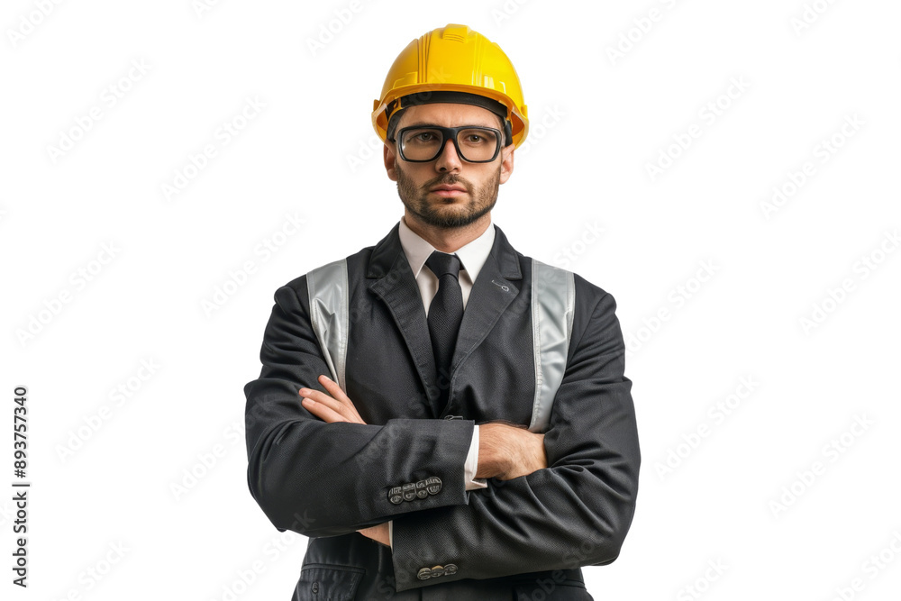 Professional male engineer with arms folded, in a business suit and safety gear, isolated on white background Professional male engineer with arms folded, in a business suit and safety gear, isolated on white background