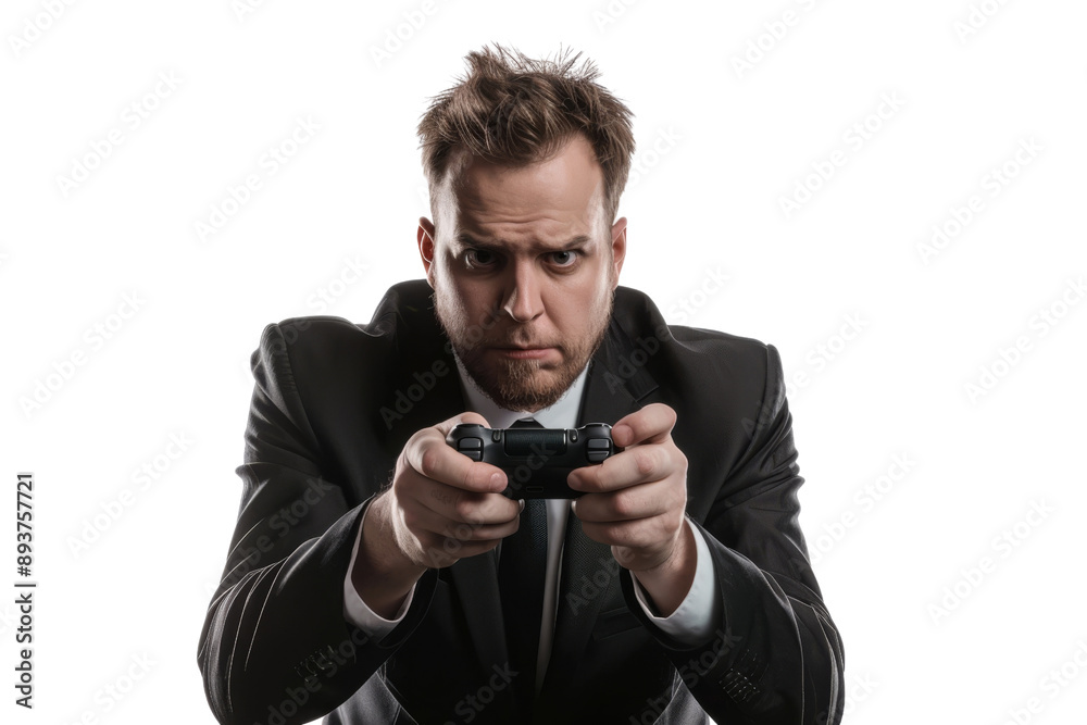 Professional businessman immersed in a handheld video game, isolated on white background Professional businessman immersed in a handheld video game, isolated on white background