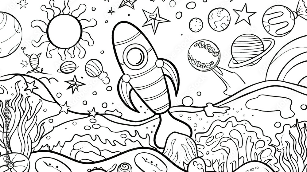 Fototapeta premium Outlined Rocket Ship Soaring Through Space With Stars and Planets