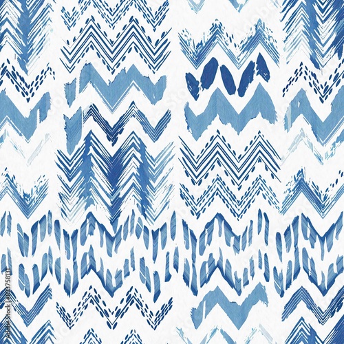 Summery ikat zig zag pattern in painterly brushstroke digital design. Modern coastal living printed chevron textile decor in seamless all over template.  photo