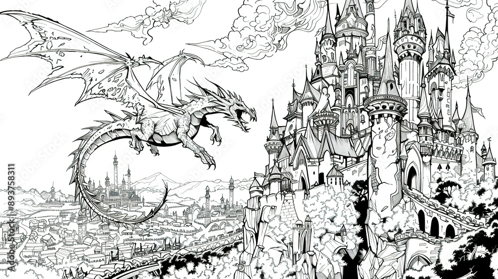 Naklejka premium A Dragon Soaring Over a Majestic Medieval Castle and City