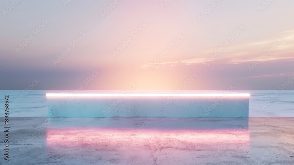 Obraz premium Minimalistic empty podium with neon lights on reflective surface and pastel background, perfect for product display or presentation.