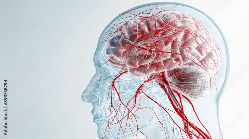 Detailed 3D illustration of a human brain, highlighting blood vessels ...