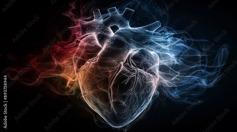 Obraz premium Abstract digital illustration of a human heart with vibrant swirling colors, showcasing the beauty and complexity of cardiovascular health.