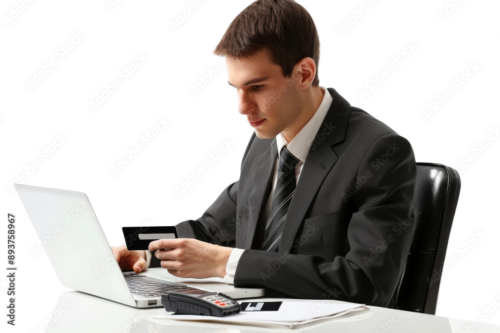 Office worker using credit card for online purchase on laptop Isolated on white background Office worker using credit card for online purchase on laptop Isolated on white background