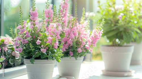 Wallpaper Mural Angelonia goyazensis or Digitalis solicariifolia potted. Blooming pink Snapdragon on white. Indoor garden decor. Torontodigital.ca