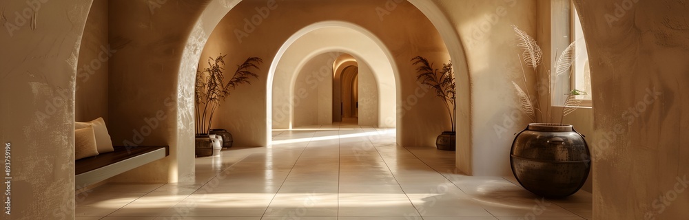 A long hallway with a few potted plants and a bench. The hallway is very long and has a lot of space