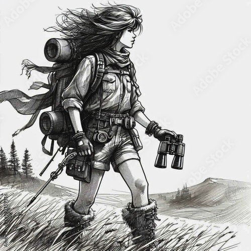 A young girl stands on a hilltop, dressed for adventure with a backpack and compass, wind in her hair, eyes on the horizon.