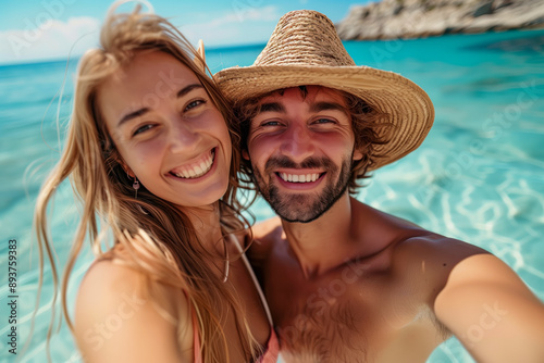 Happy young couple taking a selfie with a smartphone on summer vacation