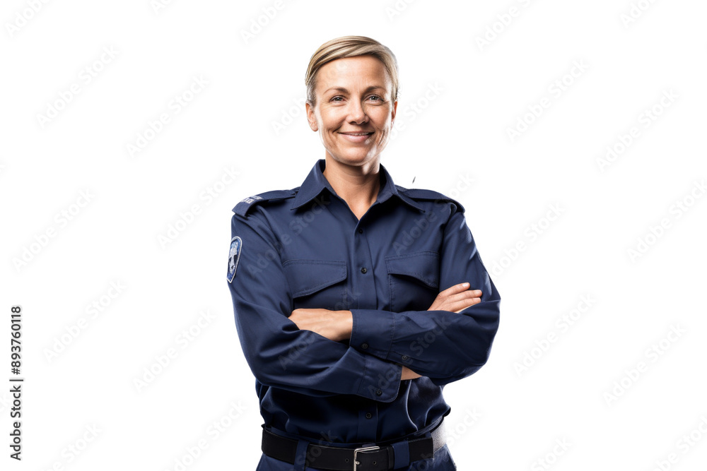 Middle-aged female truck driver in uniform smiling and crossing arms Isolated on white background Middle-aged female truck driver in uniform smiling and crossing arms Isolated on white background