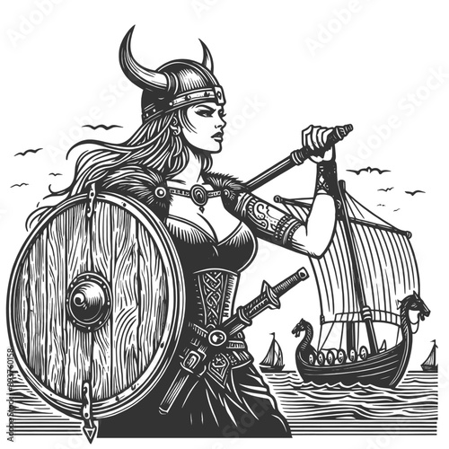 Viking warrior woman with shield and sword, with a Viking ship in the background sketch engraving generative ai fictional character vector illustration. Scratch board imitation. Black and white image.