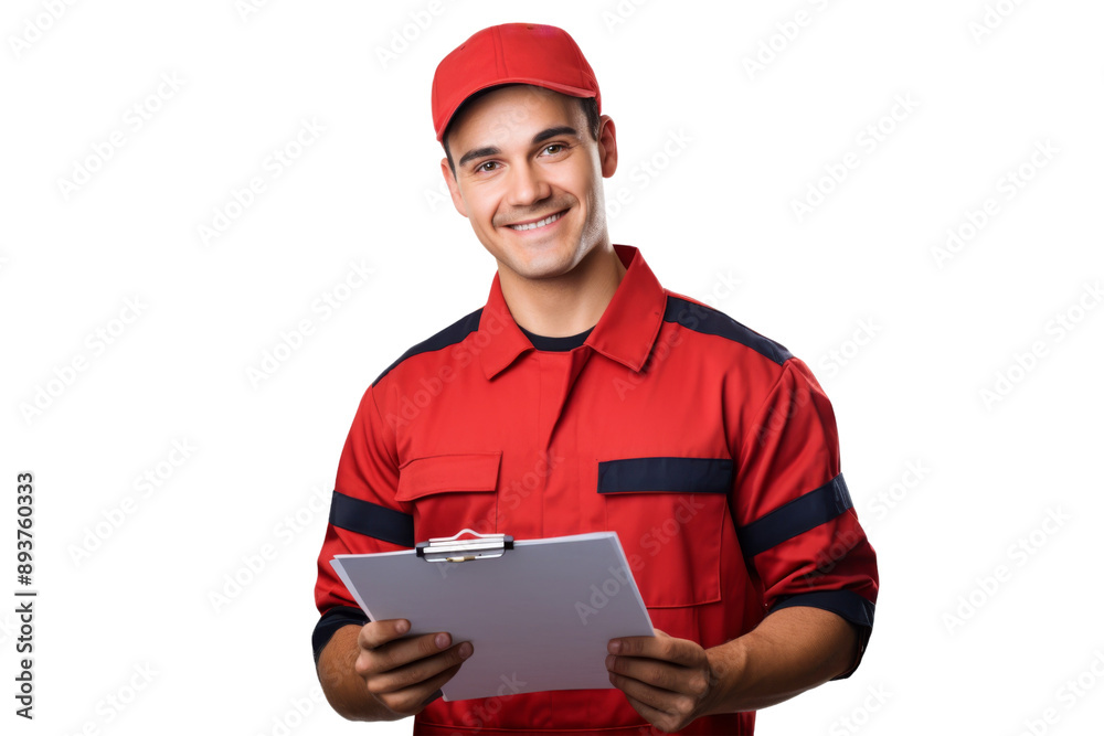 Mechanic with clipboard reviewing maintenance checklist beside car Isolated on white background