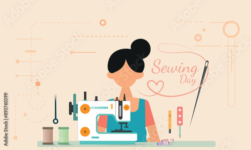 Illustration of a woman with a bun hairstyle behind a sewing machine, celebrating Sewing Day. The design includes sewing tools like thread spools, a needle, and a thread cutter, with decorative stitch