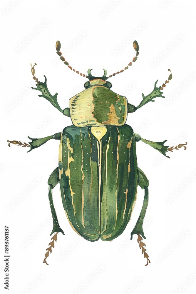 Fototapeta premium A green bug with brown spots on its back. The bug is on a white background