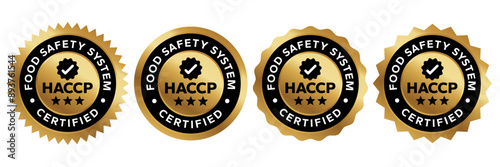 HACCP Hazard Analysis Critical Control Points, Food Safety system, logo, badge, icon, sticker, label, emblem, stamp, symbol, green, golden, flat vector, isolated illustration. HACCP Certified.