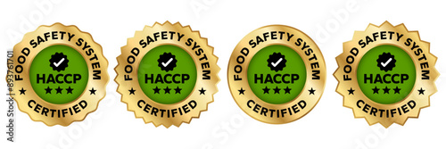 HACCP Hazard Analysis Critical Control Points, Food Safety system, logo, badge, icon, sticker, label, emblem, stamp, symbol, green, golden, flat vector, isolated illustration. HACCP Certified.