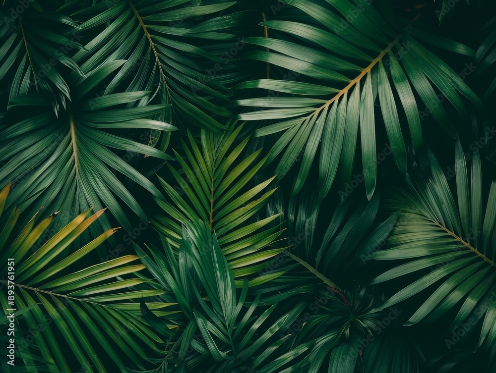 Closeup nature view of green leaf and palms background. Flat lay, dark nature concept, tropical leaf