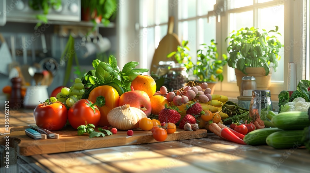 Vibrant Harvest A Bountiful Display of Fresh Fruits and Vegetables for Healthy Eating in a Kitchen Setting Vibrant Harvest A Bountiful Display of Fresh Fruits and Vegetables for Healthy Eating in a Kitchen Setting