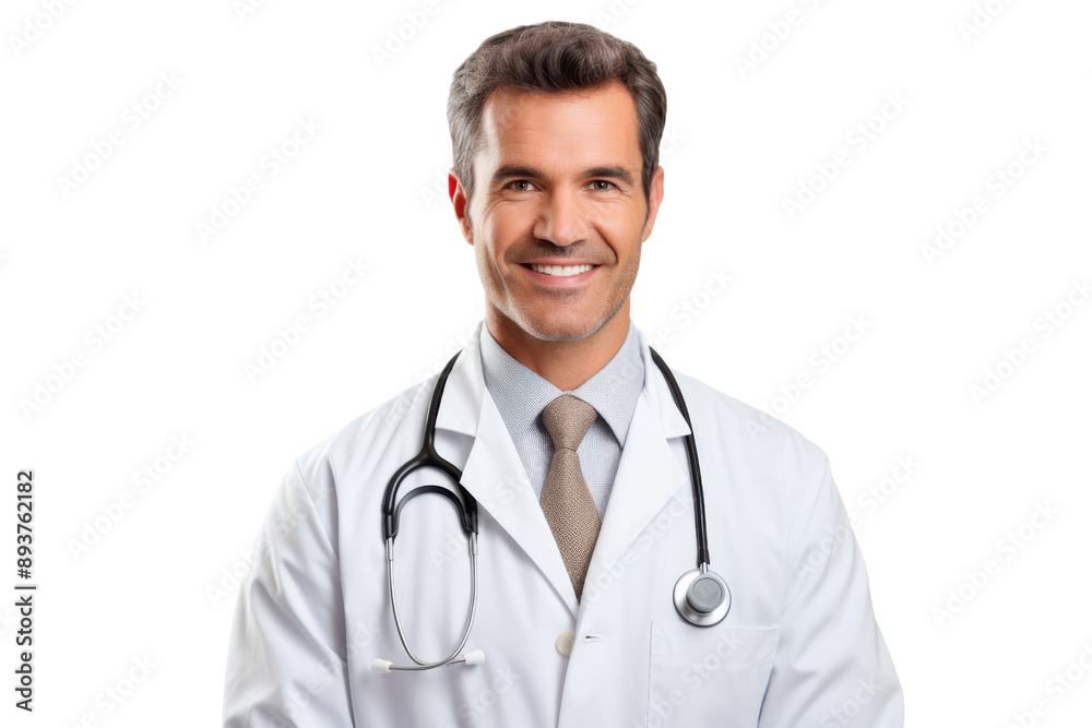 Male doctor wearing lab coat, looking at camera, isolated on white background Male doctor wearing lab coat, looking at camera, isolated on white background