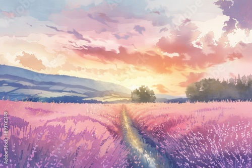 Beautiful sunset over a lavender field with vibrant colors and a scenic path leading toward the horizon, landscape art.