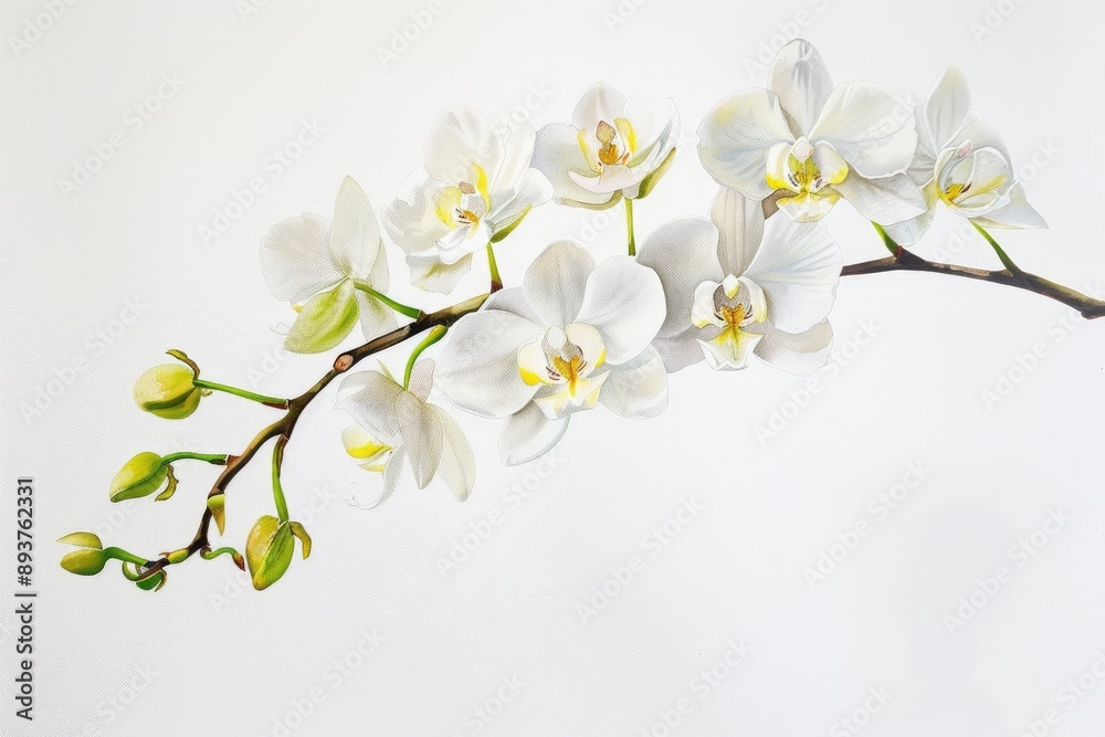 Obraz premium Elegant white orchid flowers on a branch with fresh green buds, isolated on a clean white background.