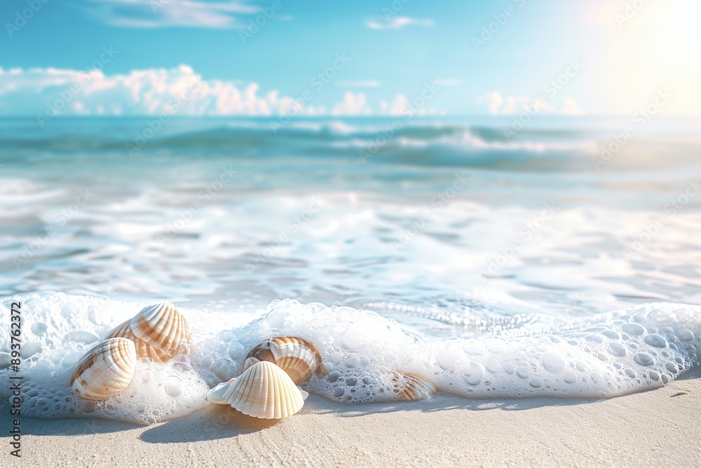 Beautiful beach with white sand, blue water, and sea shells on the shore. Summer vacation background banner with copy space for text. Beautiful beach with white sand, blue water, and sea shells on the shore. Summer vacation background banner with copy space for text.