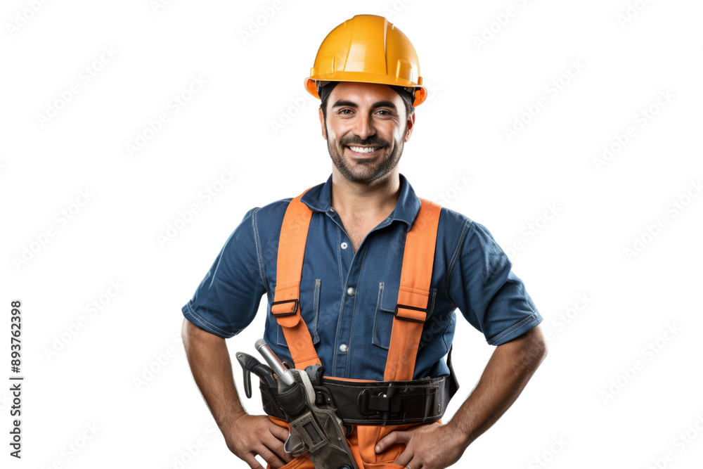 Male construction worker with safety helmet and tool belt smiling Isolated on white background Male construction worker with safety helmet and tool belt smiling Isolated on white background