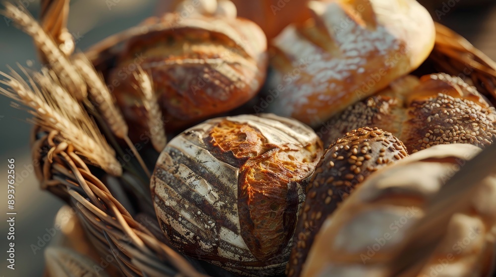 Obraz premium Golden Harvest A Mouthwatering Array of Freshly Baked Artisan Breads in a Rustic Breadbasket