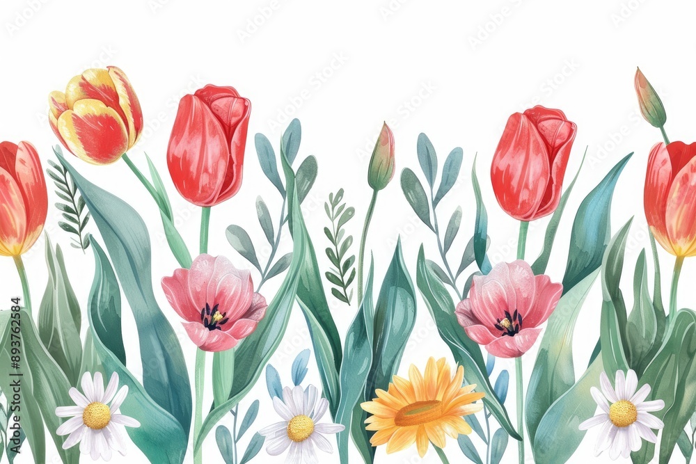 Watercolor botanical frame with a mix of tulips and daisies in bright colors surrounded by gentle leaf patterns Watercolor botanical frame with a mix of tulips and daisies in bright colors surrounded by gentle leaf patterns