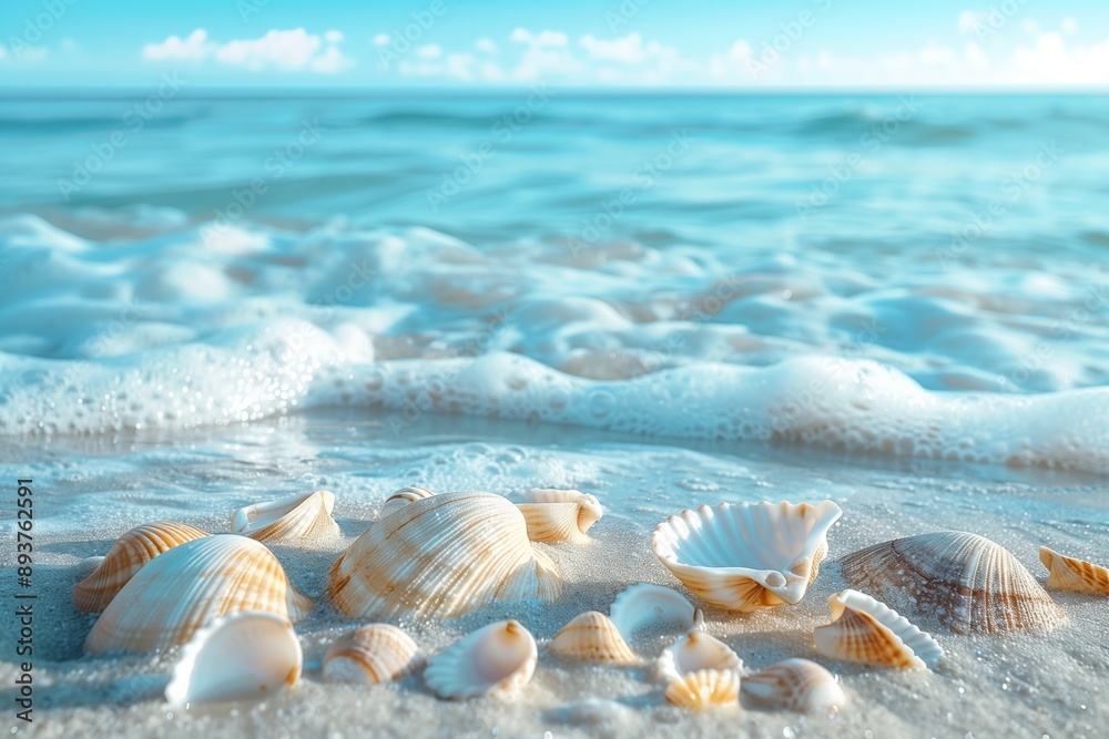 Beautiful beach with white sand, blue water, and sea shells on the shore. Summer vacation background banner with copy space for text. Beautiful beach with white sand, blue water, and sea shells on the shore. Summer vacation background banner with copy space for text.