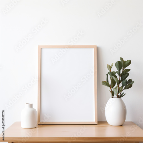 Vertical empty photo frame mockup in minimalist design on white background with plant. Scandinavian light interior and vases. Template for pictures and photography