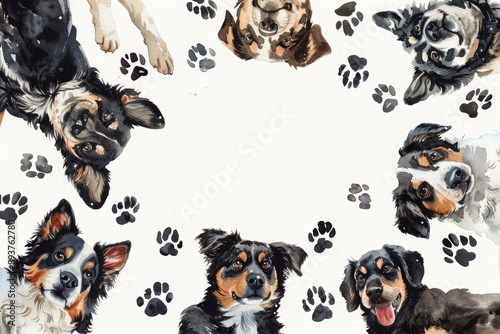 Watercolor illustration of various dog breeds with paw prints creating a border on a white background, perfect for pet-themed designs.