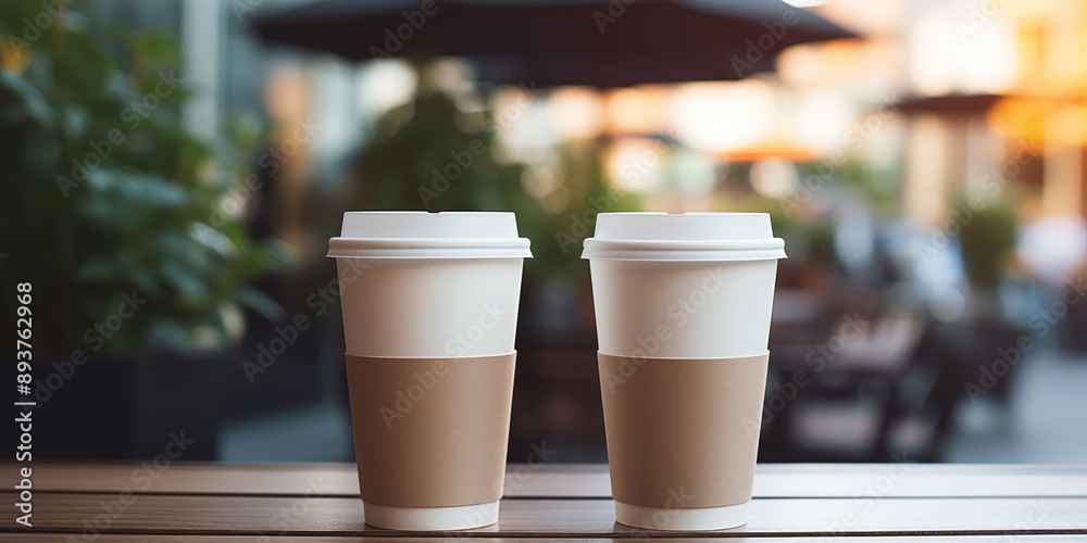 Two paper mugs on a table in a cafe, street coffee with a blurred background. Design mockup layout for advertising a coffee shop, your brand, restaurant, coffee to go with space for text Two paper mugs on a table in a cafe, street coffee with a blurred background. Design mockup layout for advertising a coffee shop, your brand, restaurant, coffee to go with space for text