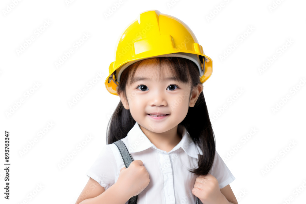 Little Asian girl engineer adjusting helmet Isolated on white background Little Asian girl engineer adjusting helmet Isolated on white background