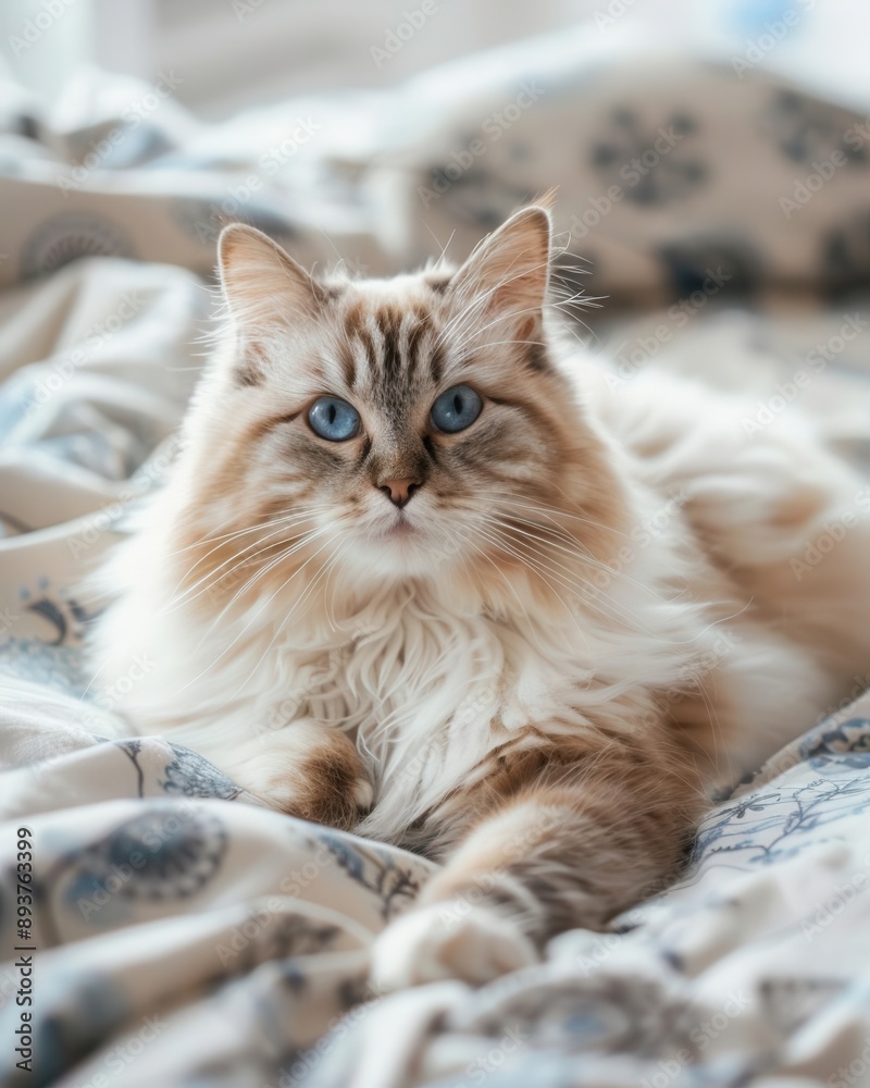 A beautiful long-haired cat with captivating blue eyes lying on a patterned blanket, exuding calmness and grace. A beautiful long-haired cat with captivating blue eyes lying on a patterned blanket, exuding calmness and grace.