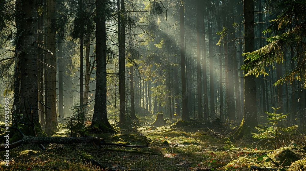 Fototapeta premium Sunbeams Through Tall Trees in a Misty Forest