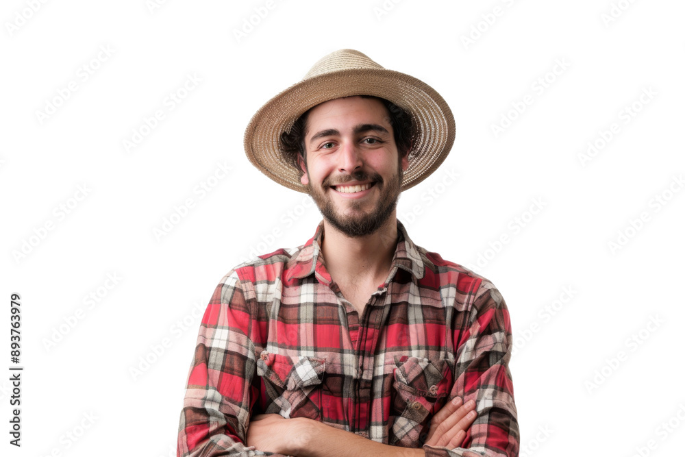 Joyful young farmer wearing hat and plaid shirt Isolated on white background Joyful young farmer wearing hat and plaid shirt Isolated on white background