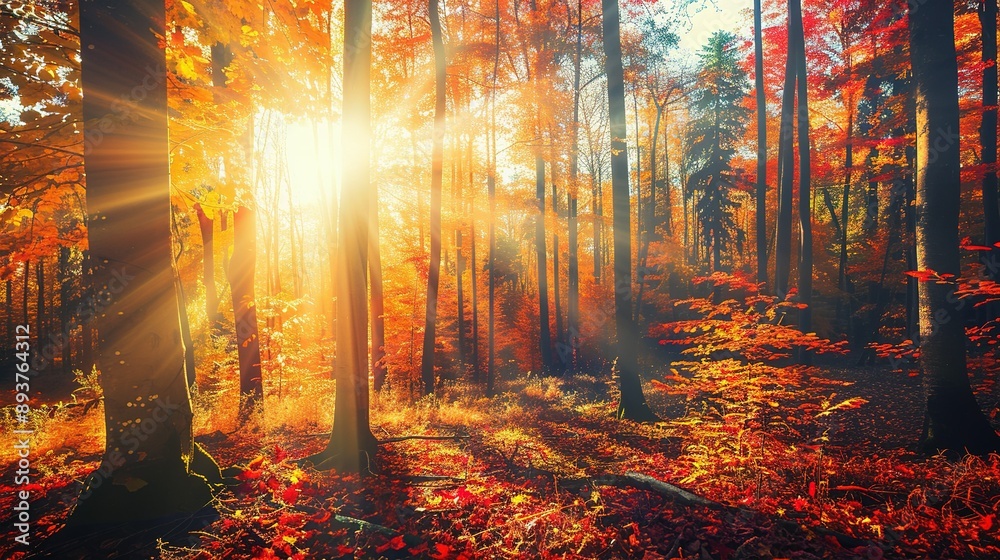 Sunlight Streaming Through Autumn Forest Trees Sunlight Streaming Through Autumn Forest Trees