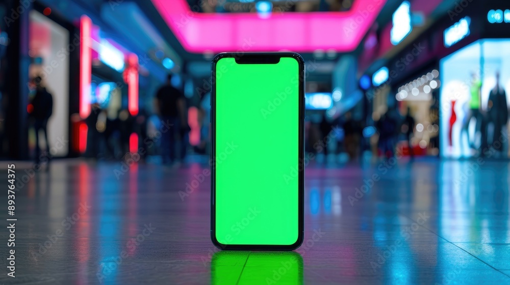 Mobile phone green screen in shopping mall at night Shopping center concept Black Friday sale with space for text Mobile phone green screen in shopping mall at night Shopping center concept Black Friday sale with space for text