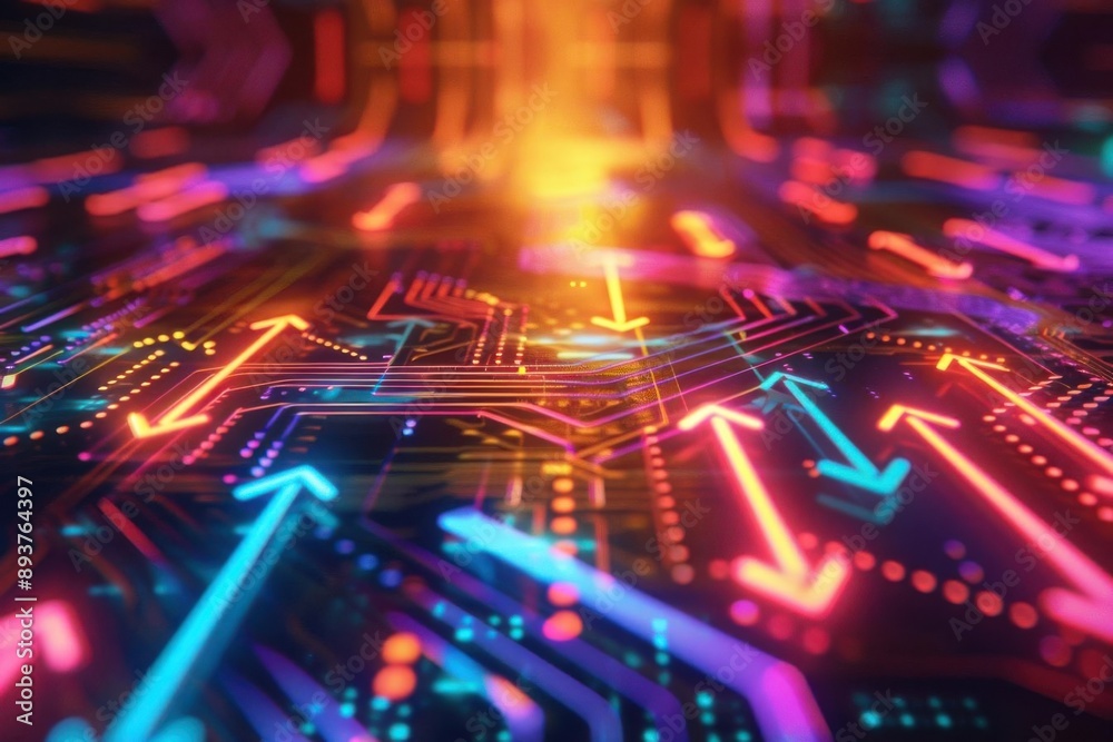 Vibrant abstract digital circuit with glowing arrows, symbolizing technology, innovation, and data flow in a futuristic setting. Vibrant abstract digital circuit with glowing arrows, symbolizing technology, innovation, and data flow in a futuristic setting.